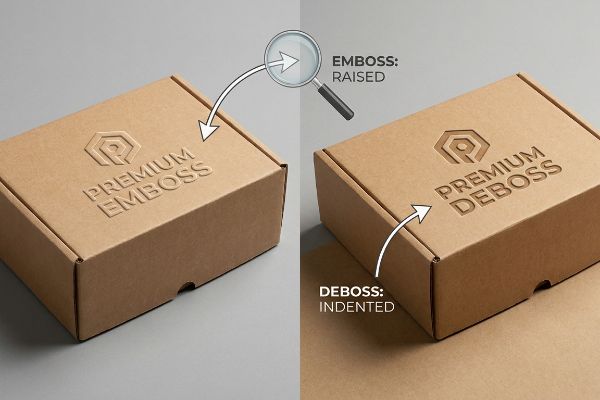 Illustrating the difference between Premium Emboss, which is raised, and Premium Deboss, which is indented, on kraft paperboard boxes.