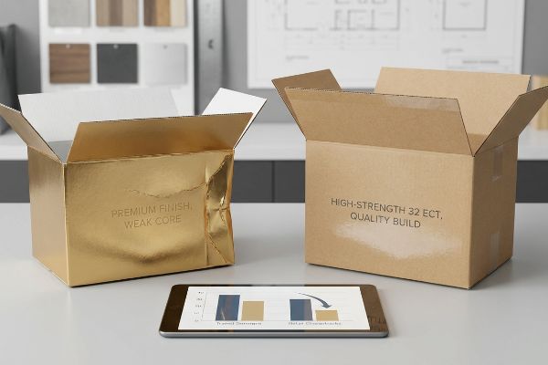 Crumpled gold 'Premium Finish, Weak Core' box contrasts with a sturdy brown 'High-Strength 32 ECT, Quality Build' box.