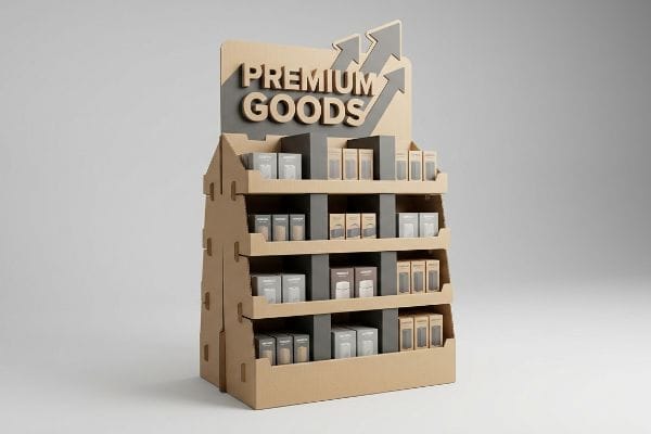 Présentoir PLV en carton ondulé brun naturel avec en-tête « Produits haut de gamme » et flèches pointant vers le haut, présentant de petites boîtes de produits.
