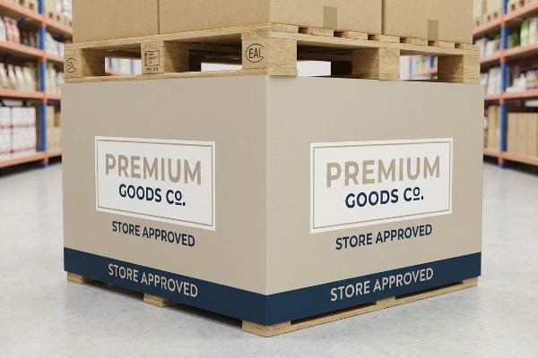In a warehouse aisle, a large corrugated display box for Premium Goods Co., marked