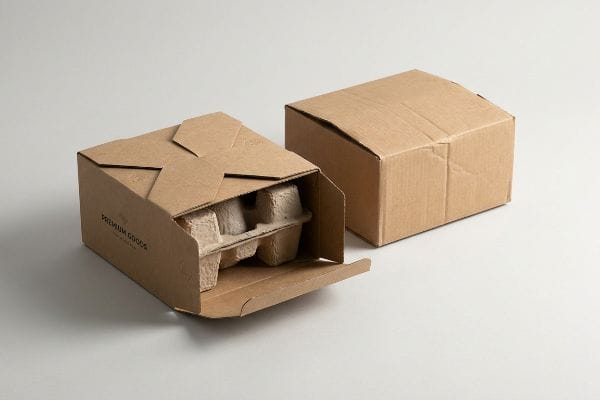 Premium Goods Packaging Boxes Two brown cardboard packaging boxes, one open showing a four-compartment molded pulp insert, with 'Premium Goods' text, beside a closed box.