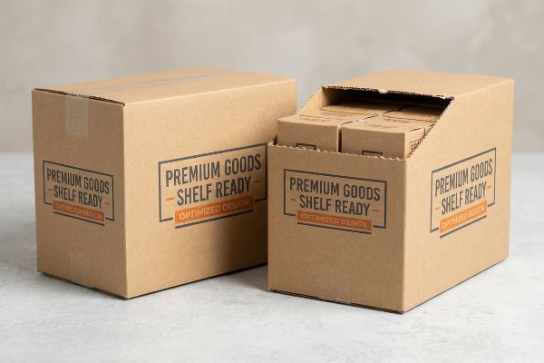 Duas caixas de papelão marrom, uma fechada e outra aberta, exibindo