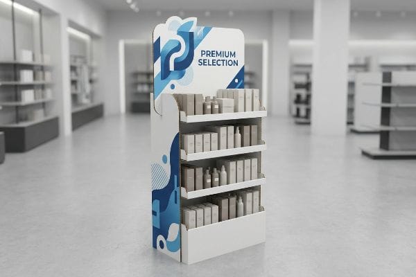 Weißes, gewelltes POS-Display mit blauen abstrakten Grafiken, einem ausgestanzten „Premium Selection“-Schriftzug und vier Regalböden mit Produktverpackungen.