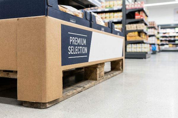 A supermarket retail display features a corrugated cardboard pallet skirt, branded 