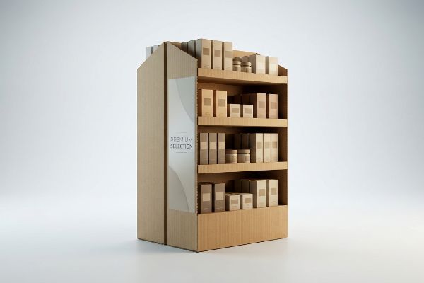 Corrugated cardboard POS display with unbranded products on shelves, featuring a 'Premium Selection' banner.