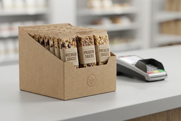 A retail checkout counter features a brown cardboard POS display filled with 'Premium Snacks' pouches, positioned next to a payment terminal.