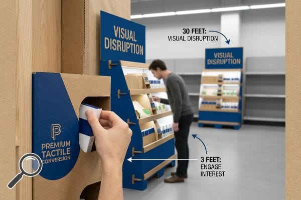 Cardboard retail display with hand engaging P-branded product for Premium Tactile Conversion, showing Visual Disruption at 30 feet.