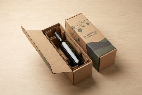 Open corrugated box with wine bottle and dividers, next to 'Premium Wine Sustainable Packaging' box with vine graphics.