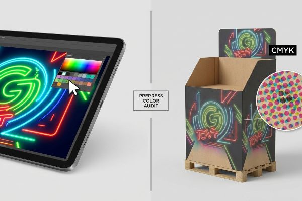 Tablet showing RGB neon logo design, contrasted with a Cmyk corrugated display featuring halftone dots and a Prepress Color Audit label.