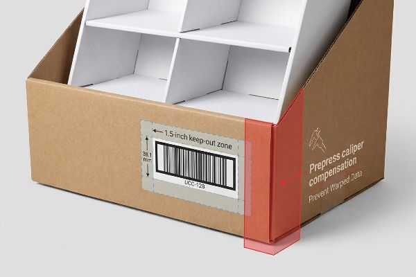 Corrugated display box with UCC-128 barcode, highlighting 1.5-inch (38.1 mm) keep-out zone for prepress caliper compensation.