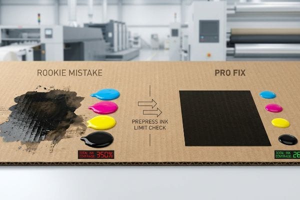 Corrugated cardboard shows a Rookie Mistake (350% CMYK ink, smudged black) versus a Pro Fix (260% ink) after Prepress Ink Limit Check.