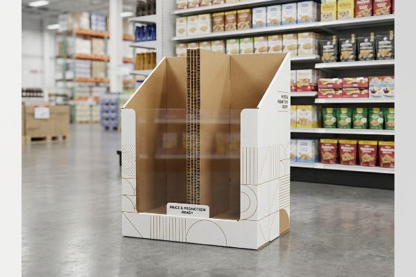 White corrugated display bin with geometric patterns and 'Price & Promotion Ready!' sign, designed for retail visual merchandising and bulk product placement.