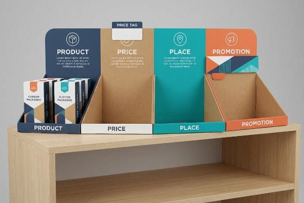Présentoir de vente en carton ondulé illustrant les 4 P : Produit, Prix, Place (ou distribution), Promotion. Comprend des emballages personnalisés et un emplacement pour étiquette de prix.