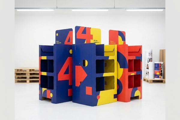 Cardboard retail display units in bold primary colors, featuring large red numbers '4' and '3', geometric shapes, and text 'Meria' and 'Vienas' on top flaps, for creative booth displays.
