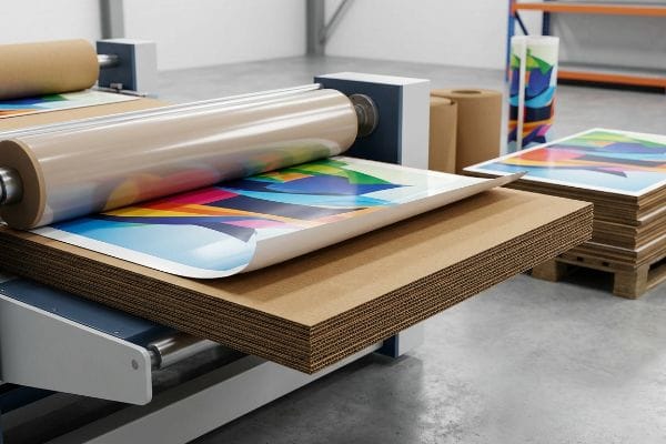 Lamination process on corrugated Colorful abstract print being laminated onto corrugated cardboard sheets by an industrial machine, with finished stacks nearby.