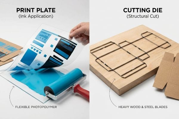 A flexible photopolymer Print Plate for Ink Application with blue graphics, alongside a Cutting Die featuring Heavy Wood & Steel Blades for Structural Cut of a box.