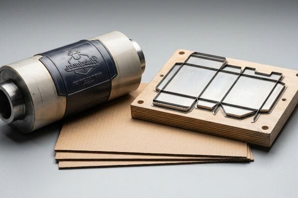Manufacturing tools for packaging production, featuring a cylindrical Printworks printing plate, a steel-rule cutting die for carton blanks, and stacked corrugated cardboard sheets.