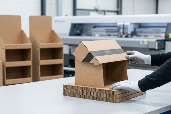 Gloved hands assemble a Printio corrugated cardboard display, showcasing structural board and efficient co-packing.