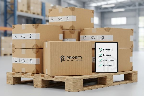 Cardboard boxes on a wooden pallet, featuring a Priority Retail Group logo and a tablet displaying Protection, Logistics, Compliance, Branding.