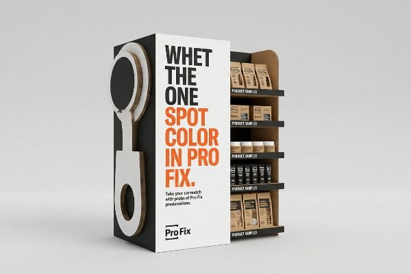 Pro Fix cardboard retail display with oversized 3D die-cut color matching probe, 'Whet The One Spot Color In Pro Fix' headline, and product samples.