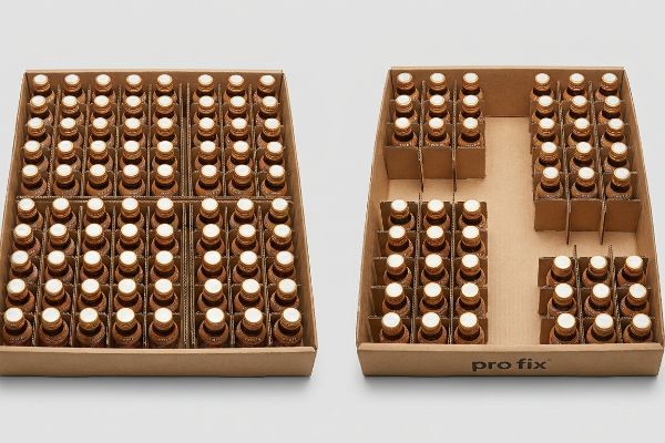 Verkaufsfertige Wellpapp-Trays mit modularen Trennwänden, eines mit dichter Flaschenpackung, das andere mit asymmetrischer Pro Fix-Clusterung.