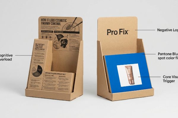 Brown kraft cardboard retail displays, one showing Cognitive Overload with dense text, the other a Pro Fix display with a Negative Logo, Pantone Blue spot color flood, and Core Visual Trigger.