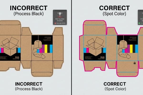 PLED cardboard box dieline: Incorrect Process Black structural lines vs. correct mechanical magenta spot color cut lines for CNC.