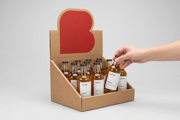 Corrugated cardboard POP display with a red die-cut 'B' header, showcasing small 'Sotnia' and 'Betuin' bottles, demonstrating 85% product visibility.