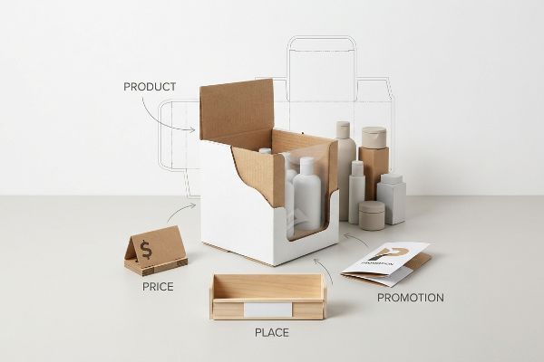 A white cardboard display box with cosmetic bottles, a Price tent card, a wooden Place tray, and a Promotion brochure, illustrating the 4 P's of merchandising.