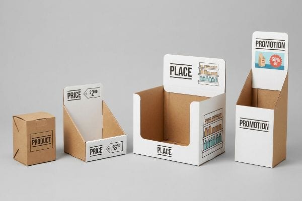 Quatre présentoirs de vente au détail en carton ondulé vides et une boîte de produit, illustrant les concepts de prix, de lieu et de promotion.