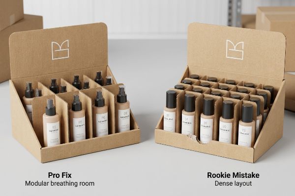 Corrugated cardboard retail display comparing Pro Fix Modular Breathing Room with spaced spray bottles and Rookie Mistake Dense Layout with tightly packed screw-cap bottles.