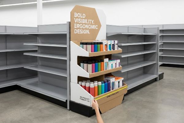 Cardboard endcap display with colorful bottles, highlighting