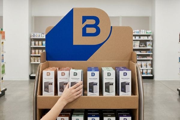 Brown cardboard endcap display with a blue 'B' logo showcases 'Profezzor' product boxes. A hand reaches for a light green box in the retail aisle.
