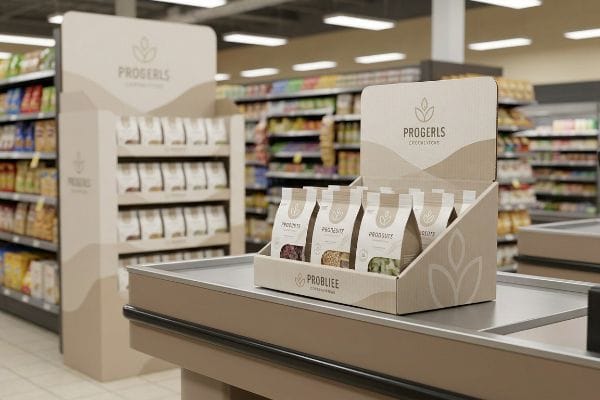 Series-based Progerls Cereal & More POP displays in a grocery store: checkout counter unit and aisle display.