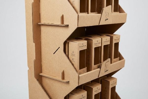 A multi-tiered corrugated cardboard point-of-purchase display featuring Project Kind product boxes with clear window cutouts, highlighting sustainable retail packaging.