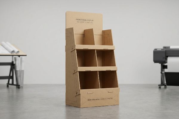 A brown corrugated cardboard Promotional Display Engineered Structural unit, featuring two tiers with six empty compartments for retail merchandising.