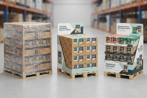 Three fractional pallet displays: shrink-wrapped boxes, custom branded unit, and promotional Brandle Unit for Promoyad Caar Line.