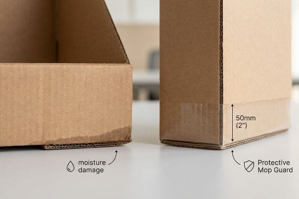 Cardboard box bases show moisture damage versus a 50mm (2") Protective Mop Guard.