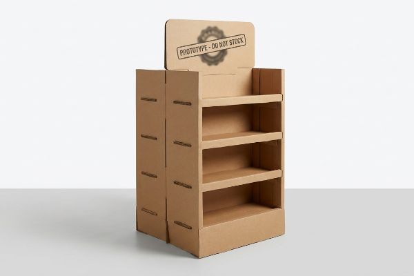 An empty brown corrugated cardboard POP retail display with four shelves and a header reading
