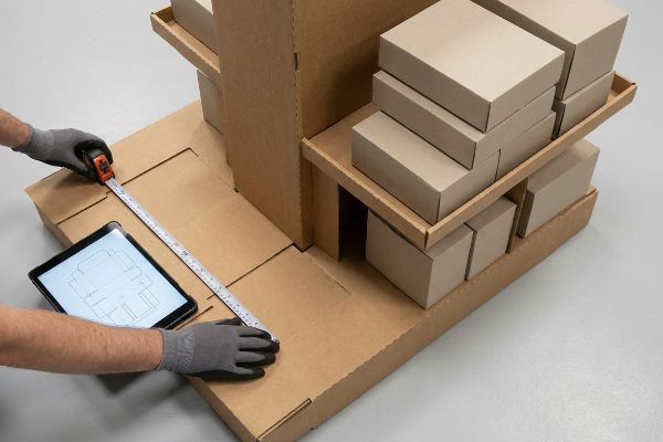 Measuring a cardboard prototype quarter-pallet display with a tape measure, a tablet shows the dieline for structural precision.
