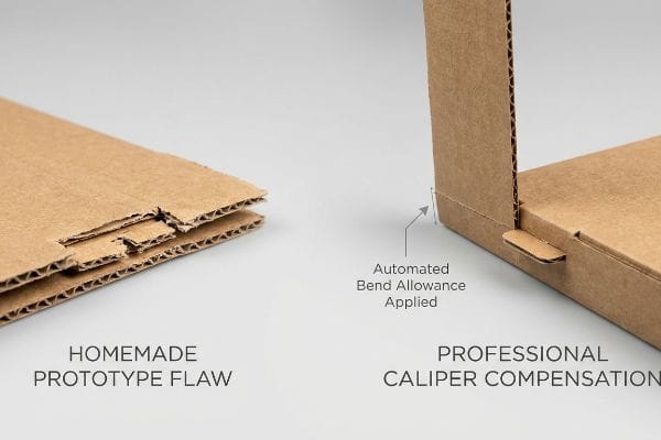 Corrugated cardboard: Homemade Prototype Flaw (torn tabs) vs. Professional Caliper Compensation, Automated Bend.