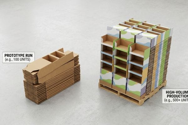 Contrasting two stacks of custom retail display stands: a small Prototype Run (e.g., 100 Units) of plain cardboard units and a large High-Volume Production (e.g., 500+ Units) of colorful, multi-shelf displays on a pallet.