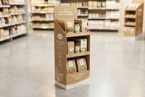 Cardboard POP Display A retail store aisle features a brown cardboard POP display showcasing "Eco-Friendly Consumer Goods" and "Premium Products" from Puduly.com.