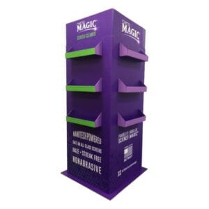 purple cardboard floor display stand
