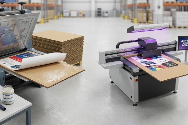 Wet PVA adhesive on corrugated cardboard for litho-lamination, next to a UV printer instantly curing ink, displaying 'Direct-To-Board UV Print Instant'.