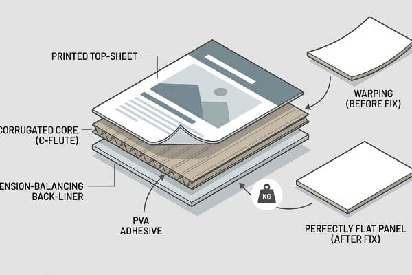 Couches du panneau d'affichage : feuille supérieure imprimée, âme en carton ondulé cannelure C, sous-couche d'équilibrage de tension, adhésif PVA. Illustre le gauchissement et la réparation des panneaux plats.