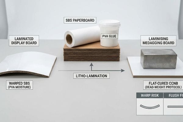 Litho-lamination materials: SBS Paperboard, PVA Glue, Warped SBS (PVA Moisture), Flat-Cured CCNB (Dead-Weight Protocol), and Flush Fit.