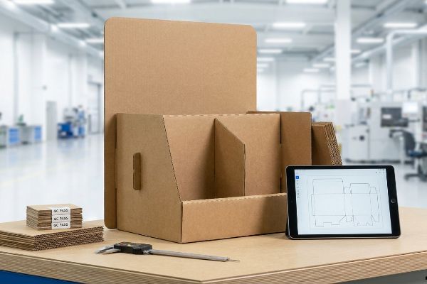 An industrial setting showcases a corrugated cardboard POS display prototype, stacks of