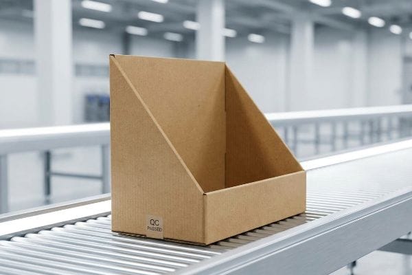 An empty brown cardboard retail display box with a 'QC Passed' label moves along a roller conveyor belt in a factory setting.
