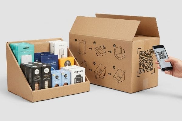 IKEA風の組み立て図と、スマートフォンでスキャンされるQRコードが描かれた、茶色の段ボール製のPDQディスプレイ兼輸送箱。.